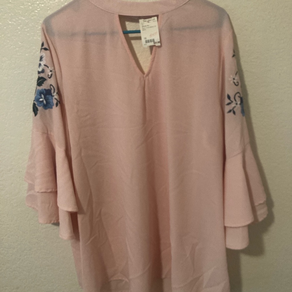 Elegant Pink Blouse with Blue Floral Details